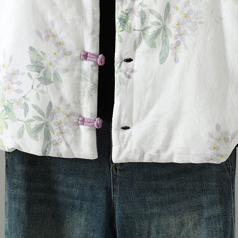 Chaqueta térmica de manga larga para mujer Buddha Stones, diseño de hojas y flores moradas con botones de rana - image 5