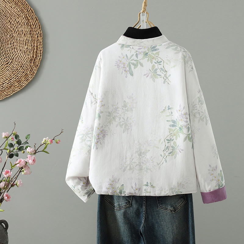 Chaqueta térmica de manga larga para mujer Buddha Stones, diseño de hojas y flores moradas con botones de rana - image 1