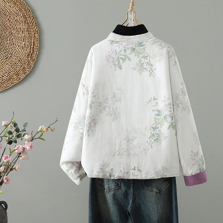 Chaqueta térmica de manga larga para mujer Buddha Stones, diseño de hojas y flores moradas con botones de rana - image 1