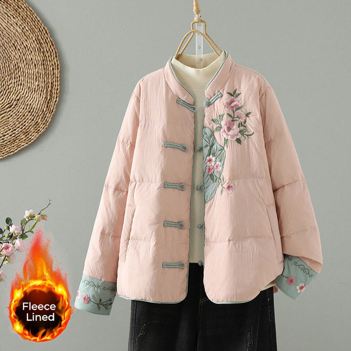 Chaqueta térmica de manga larga para mujer con bolsillos, bordado de flores de durazno y piedras de Buddha Stones. - Rosa - US8-10，UK/AU12-14，EU40-42 (2XL) - image 1