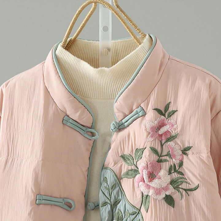 Chaqueta térmica de manga larga para mujer con bolsillos, bordado de flores de durazno y piedras de Buddha Stones. - image 3