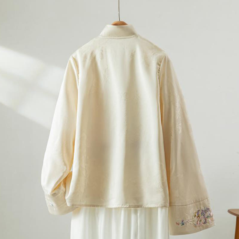 Chaqueta de manga larga para mujer con bordado de flores otoñales y Buddha Stones , diseño de botones de rana - image 1