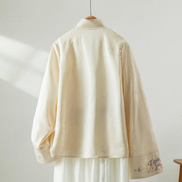 Chaqueta de manga larga para mujer con bordado de flores otoñales y Buddha Stones , diseño de botones de rana - image 1