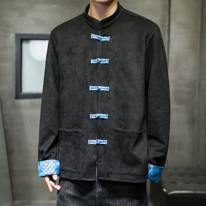 Chaqueta de ante y algodón para hombre con mangas largas, bolsillos y estampado de olas otoñales con Buddha Stones. - Negro - US/UK/AU42, EU52 (3XL) - image 14