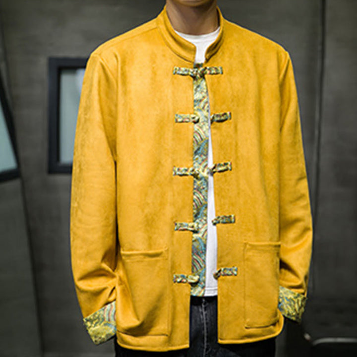 Chaqueta de ante y algodón para hombre con mangas largas, bolsillos y estampado de olas otoñales con Buddha Stones. - image 9