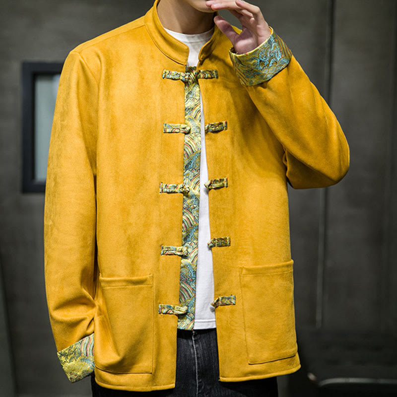 Chaqueta de ante y algodón para hombre con mangas largas, bolsillos y estampado de olas otoñales con Buddha Stones. - image 6