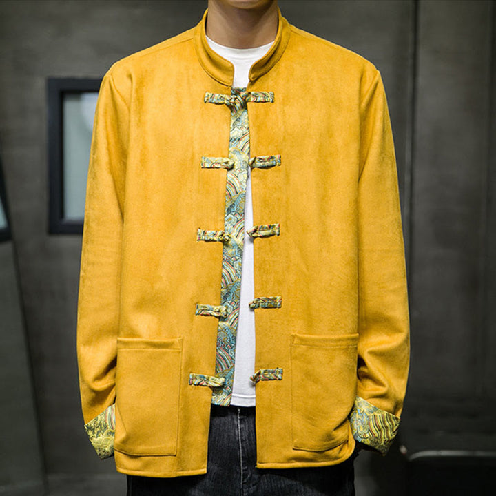 Chaqueta de ante y algodón para hombre con mangas largas, bolsillos y estampado de olas otoñales con Buddha Stones. - image 4