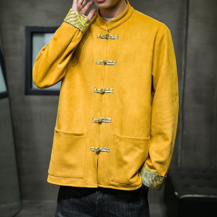 Chaqueta de ante y algodón para hombre con mangas largas, bolsillos y estampado de olas otoñales con Buddha Stones. - image 10