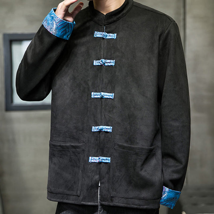 Chaqueta de ante y algodón para hombre con mangas largas, bolsillos y estampado de olas otoñales con Buddha Stones. - image 17