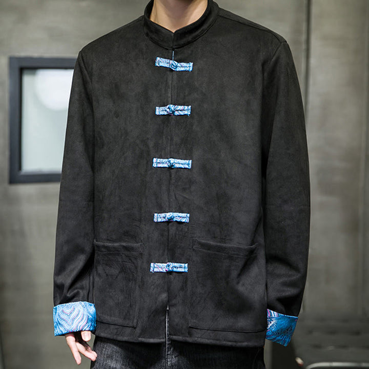 Chaqueta de ante y algodón para hombre con mangas largas, bolsillos y estampado de olas otoñales con Buddha Stones. - image 23