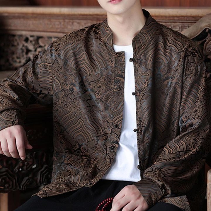 Chaqueta de manga larga para hombre con bolsillos, jacquard de hojas y flores otoñales con Buddha Stones y piedras. - image 3