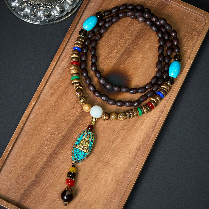 Collar con colgante de cuentas de concha de coco de armonía Avalokitesvara de Nepal vintage con Buddha Stones - SÍMBOLO DE AVALOKITESVARA (Riqueza ♥ Éxito) - image 0