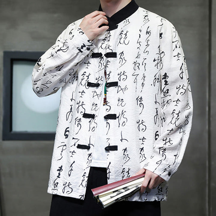 Chaqueta de manga larga para hombre con botones de rana y caligrafía de primavera/otoño con Buddha Stones - image 5