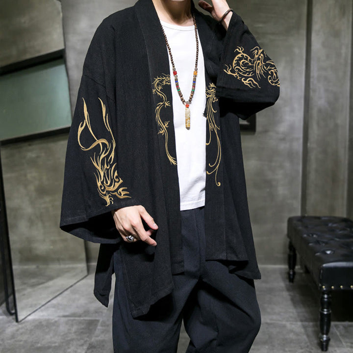 Kimono de algodón para hombre, manga larga , Buddha Stones , dragón y fénix. - Negro - US/UK/AU46, EU56 (5XL) - image 0