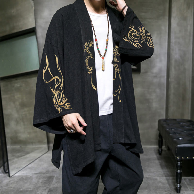 Kimono de algodón para hombre, manga larga , Buddha Stones , dragón y fénix. - Negro - US/UK/AU46, EU56 (5XL) - image 0