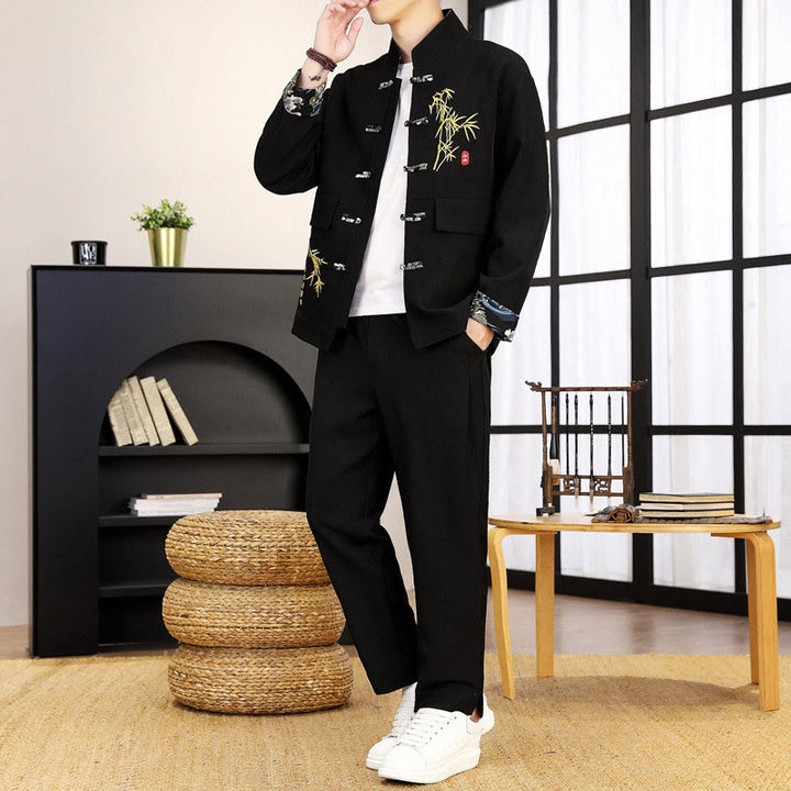 Conjunto de ropa para hombre de 2 piezas con camisa y pantalón de manga larga con botones de bambú y estampado de Buddha Stones Tang Suit (2 piezas). - Negro - US/UK/AU44, EU54 (4XL) - image 0