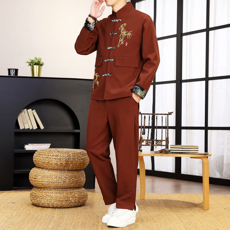 Conjunto de ropa para hombre de 2 piezas con camisa y pantalón de manga larga con botones de bambú y estampado de Buddha Stones Tang Suit (2 piezas). - Ladrillo refractario - US/UK/AU44, EU54 (4XL) - image 24