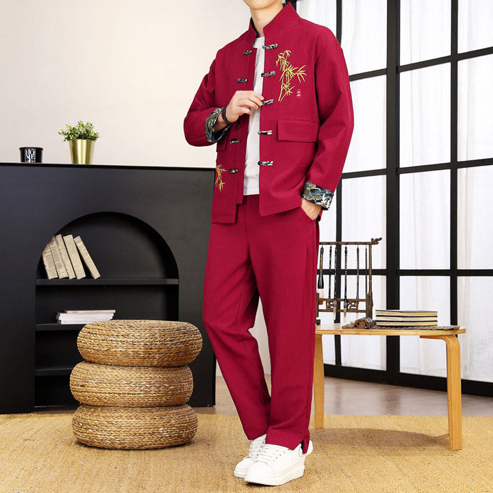 Conjunto de ropa para hombre de 2 piezas con camisa y pantalón de manga larga con botones de bambú y estampado de Buddha Stones Tang Suit (2 piezas). - Carmesí - US/UK/AU44, EU54 (4XL) - image 19