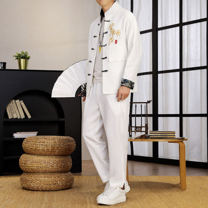 Conjunto de ropa para hombre de 2 piezas con camisa y pantalón de manga larga con botones de bambú y estampado de Buddha Stones Tang Suit (2 piezas). - Blanco - US/UK/AU44, EU54 (4XL) - image 10