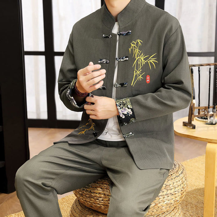 Conjunto de ropa para hombre de 2 piezas con camisa y pantalón de manga larga con botones de bambú y estampado de Buddha Stones Tang Suit (2 piezas). - image 18