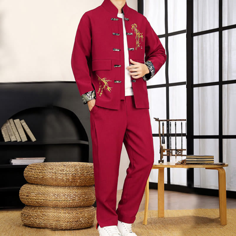Conjunto de ropa para hombre de 2 piezas con camisa y pantalón de manga larga con botones de bambú y estampado de Buddha Stones Tang Suit (2 piezas). - image 21