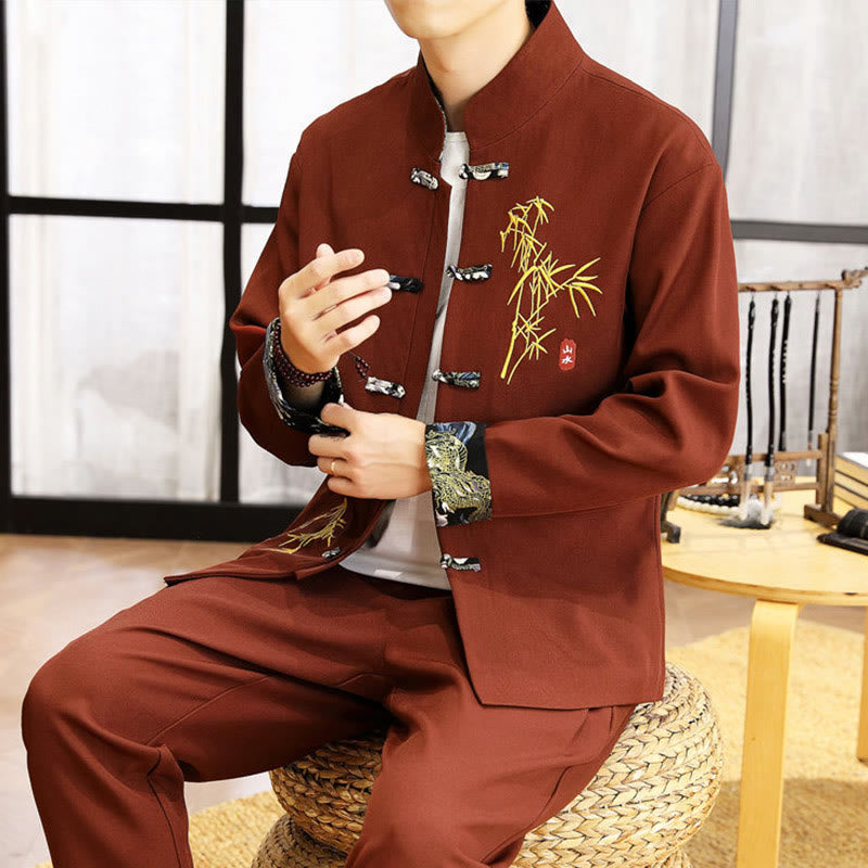 Conjunto de ropa para hombre de 2 piezas con camisa y pantalón de manga larga con botones de bambú y estampado de Buddha Stones Tang Suit (2 piezas). - image 28