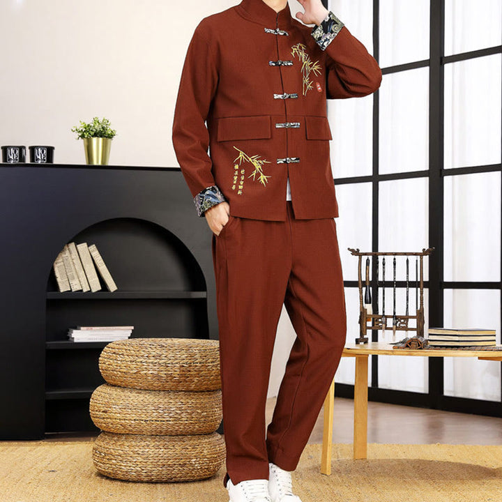 Conjunto de ropa para hombre de 2 piezas con camisa y pantalón de manga larga con botones de bambú y estampado de Buddha Stones Tang Suit (2 piezas). - image 27