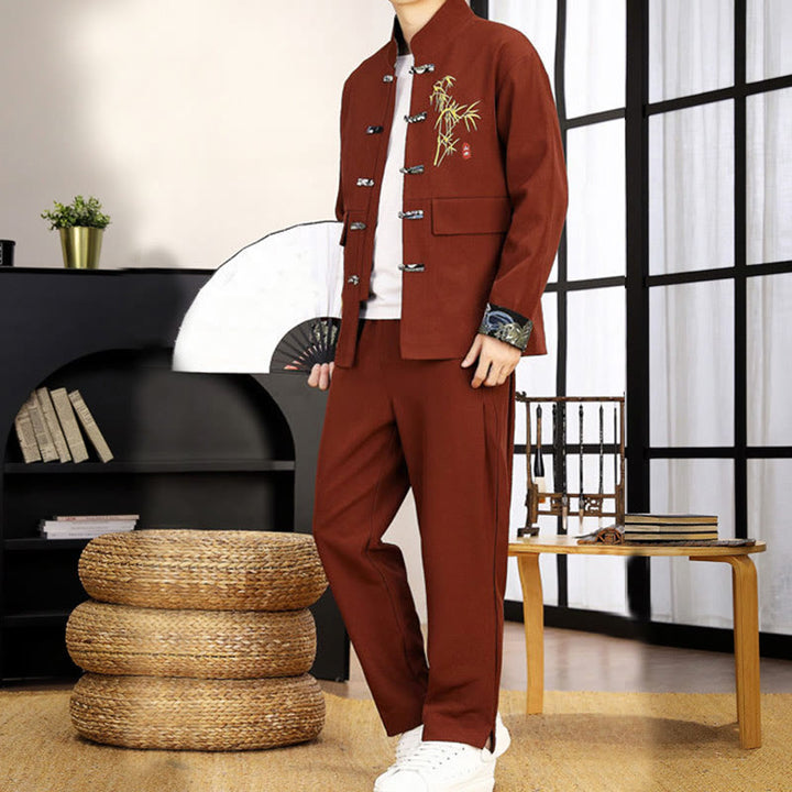Conjunto de ropa para hombre de 2 piezas con camisa y pantalón de manga larga con botones de bambú y estampado de Buddha Stones Tang Suit (2 piezas). - image 25