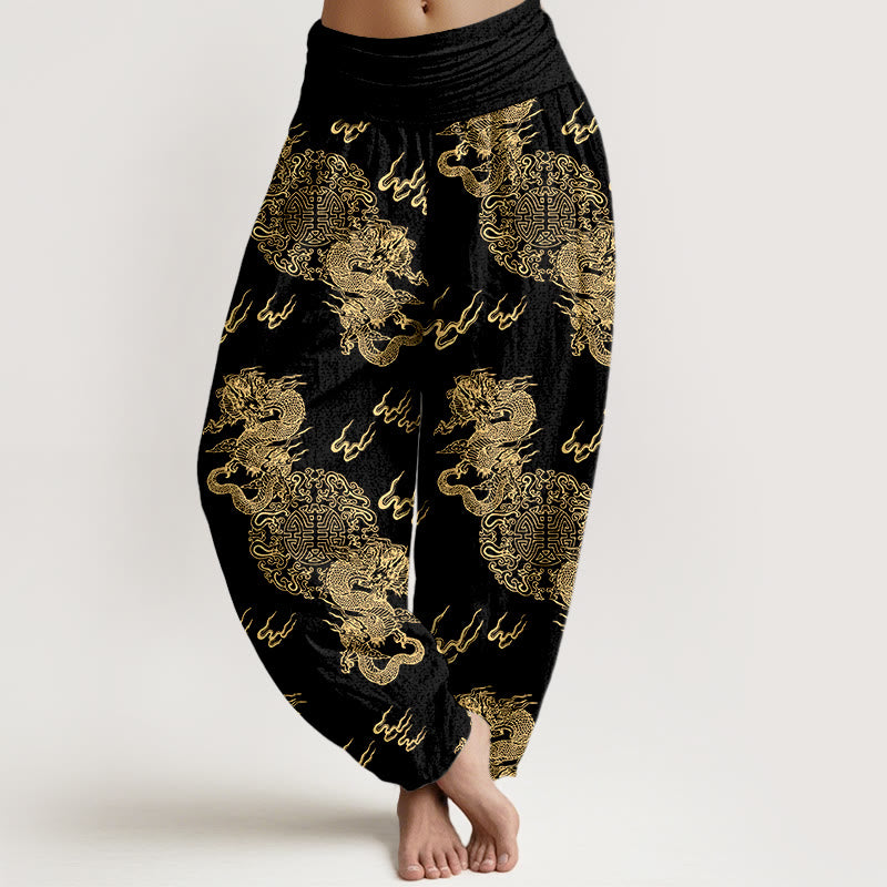 Pantalones bombachos de cintura elástica para mujer con estampado de nubes y doble dragón de algodón puro con Buddha Stones - Negro - US16，UK/AU20，EU48 (3XL) - image 0