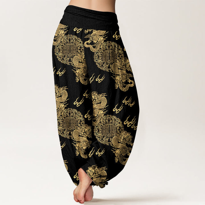 Pantalones bombachos de cintura elástica para mujer con estampado de nubes y doble dragón de algodón puro con Buddha Stones - image 1