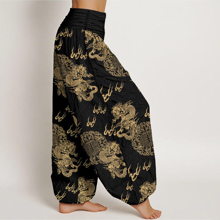 Pantalones bombachos de cintura elástica para mujer con estampado de nubes y doble dragón de algodón puro con Buddha Stones - image 2