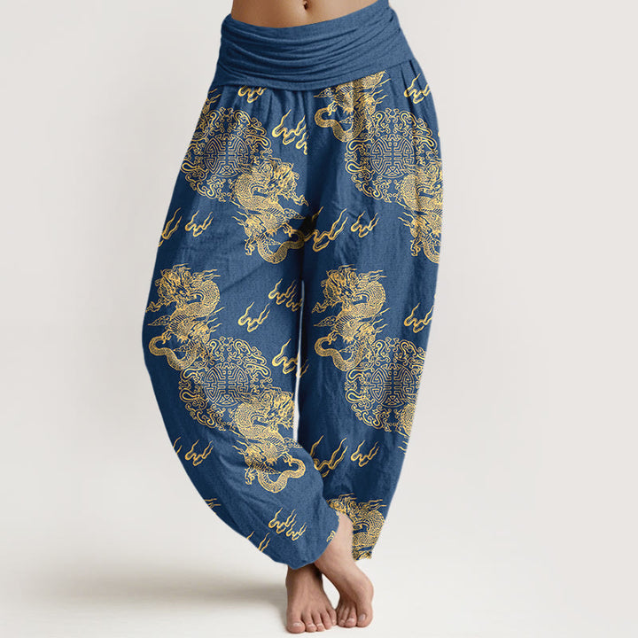 Pantalones bombachos de cintura elástica para mujer con estampado de nubes y doble dragón de algodón puro con Buddha Stones - Azul acero - US16，UK/AU20，EU48 (3XL) - image 5