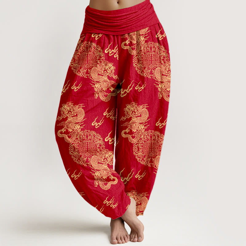 Pantalones bombachos de cintura elástica para mujer con estampado de nubes y doble dragón de algodón puro con Buddha Stones - Ladrillo refractario - US16，UK/AU20，EU48 (3XL) - image 8