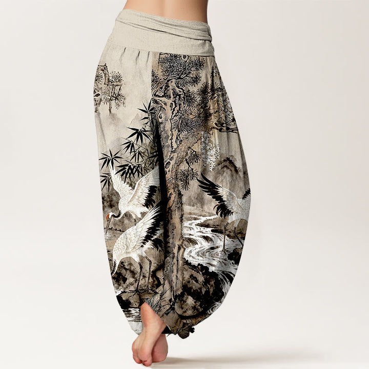 Pantalones bombachos de cintura elástica para mujer, de algodón puro con estampado de grullas de corona roja y piedras de Buddha Stones. - image 1