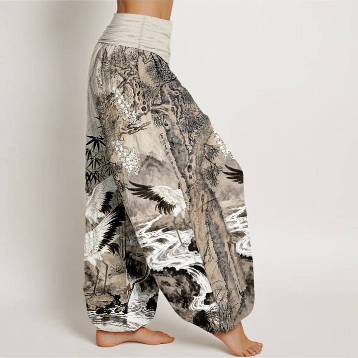 Pantalones bombachos de cintura elástica para mujer, de algodón puro con estampado de grullas de corona roja y piedras de Buddha Stones. - image 2