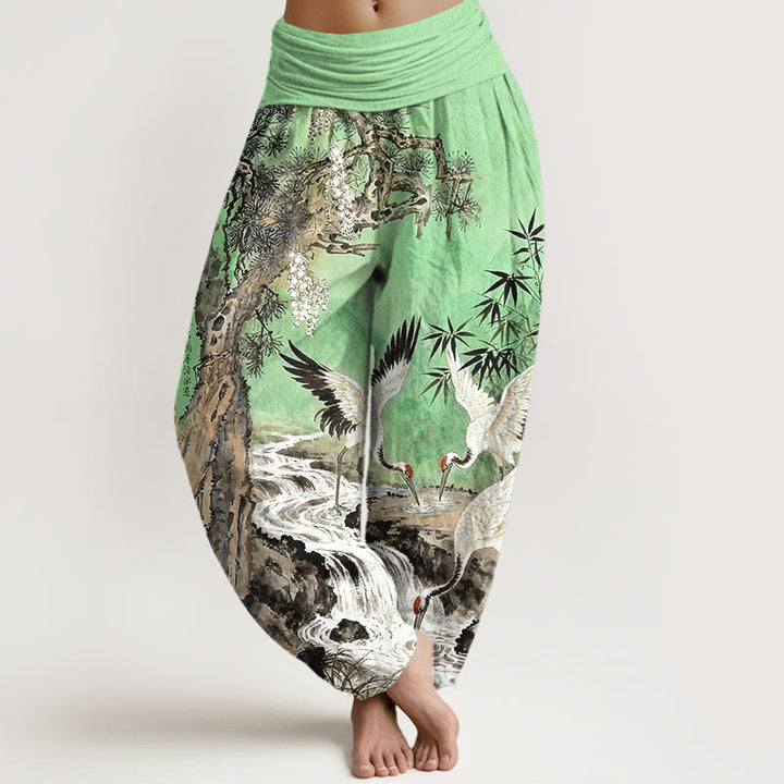 Pantalones bombachos de cintura elástica para mujer, de algodón puro con estampado de grullas de corona roja y piedras de Buddha Stones. - Verde claro - US16，UK/AU20，EU48 (3XL) - image 5