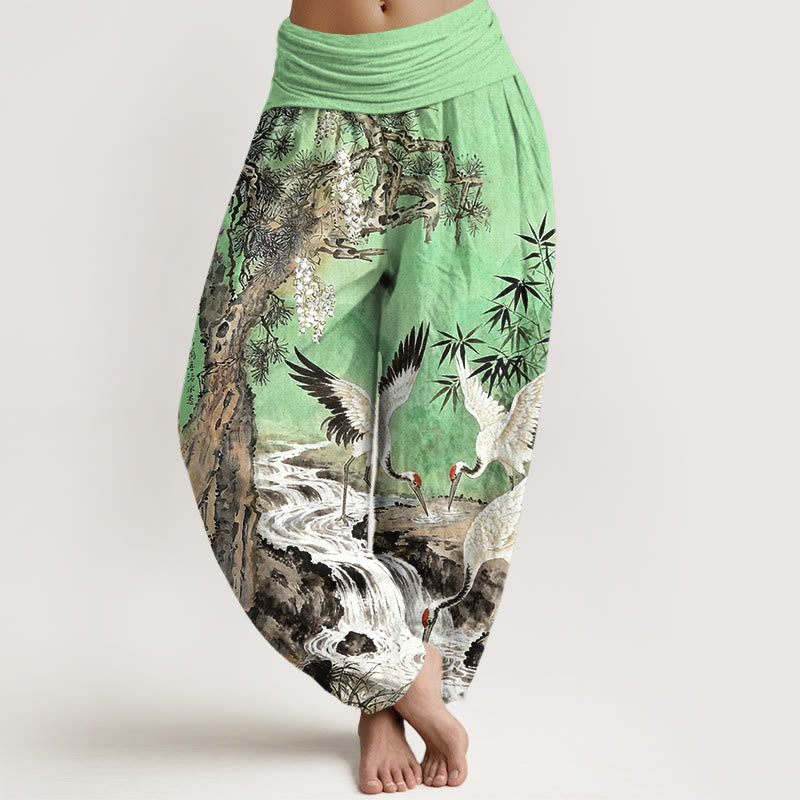 Pantalones bombachos de cintura elástica para mujer, de algodón puro con estampado de grullas de corona roja y piedras de Buddha Stones. - Verde claro - US16，UK/AU20，EU48 (3XL) - image 5