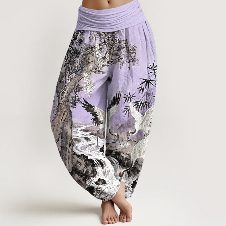 Pantalones bombachos de cintura elástica para mujer, de algodón puro con estampado de grullas de corona roja y piedras de Buddha Stones. - Morado medio - US16，UK/AU20，EU48 (3XL) - image 8