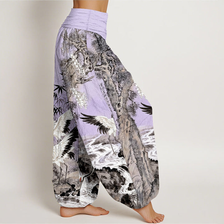 Pantalones bombachos de cintura elástica para mujer, de algodón puro con estampado de grullas de corona roja y piedras de Buddha Stones. - image 10
