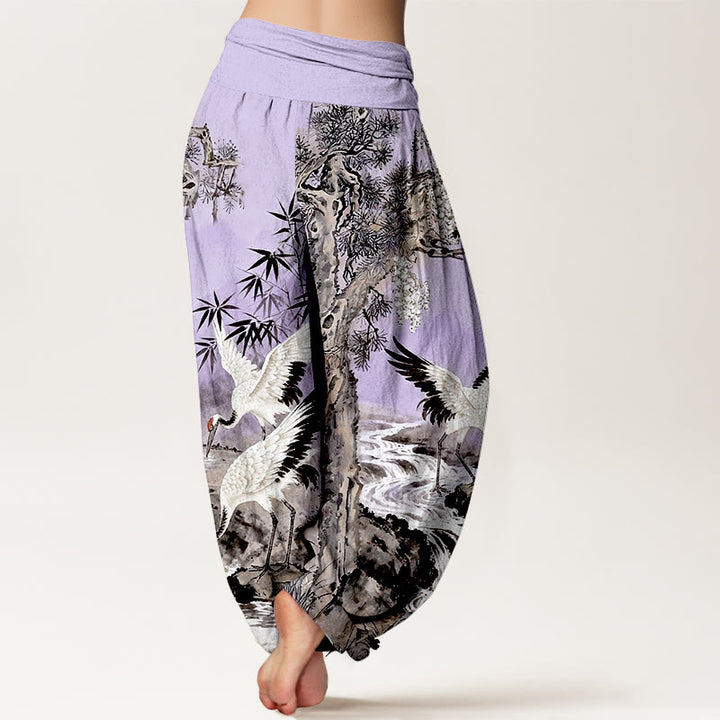 Pantalones bombachos de cintura elástica para mujer, de algodón puro con estampado de grullas de corona roja y piedras de Buddha Stones. - image 9