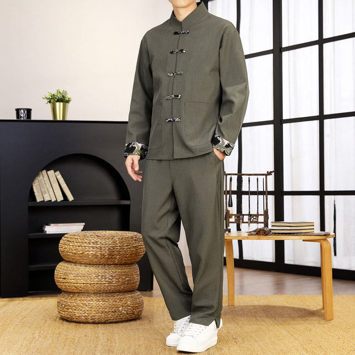 Conjunto de ropa de manga larga y pantalón con estampado de olas y botones de rana para hombre , con Buddha Stones (2 piezas). - Caqui oscuro - US/UK/AU44, EU54 (4XL) - image 8