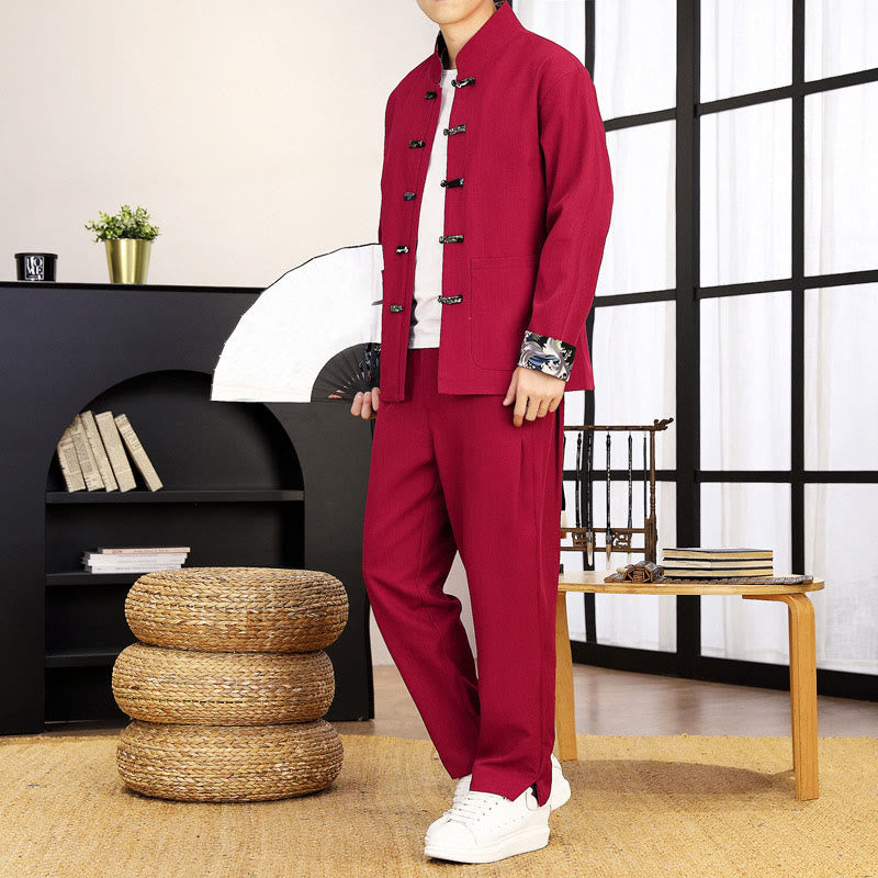 Conjunto de ropa de manga larga y pantalón con estampado de olas y botones de rana para hombre , con Buddha Stones (2 piezas). - Carmesí - US/UK/AU44, EU54 (4XL) - image 23