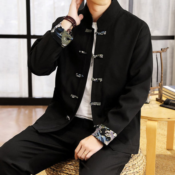 Conjunto de ropa de manga larga y pantalón con estampado de olas y botones de rana para hombre , con Buddha Stones (2 piezas). - image 15