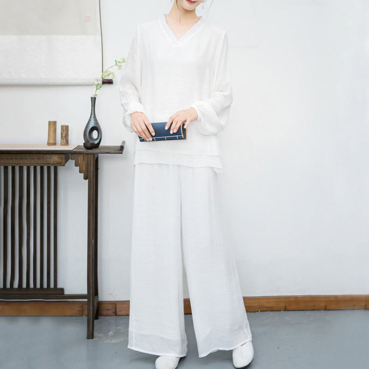 Conjunto de meditación para mujer Buddha Stones de 2 piezas: camiseta blanca de manga larga con cuello en V y pantalón de pierna ancha. - image 4