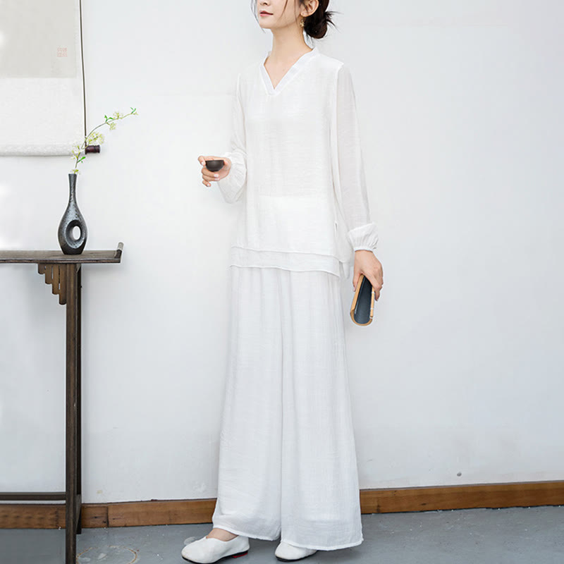 Conjunto de meditación para mujer Buddha Stones de 2 piezas: camiseta blanca de manga larga con cuello en V y pantalón de pierna ancha. - image 6