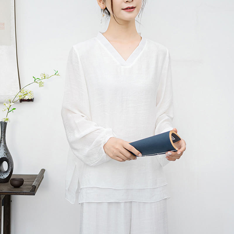 Conjunto de meditación para mujer Buddha Stones de 2 piezas: camiseta blanca de manga larga con cuello en V y pantalón de pierna ancha. - image 7
