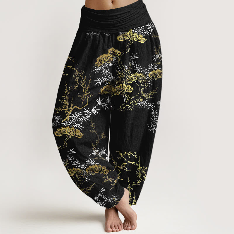 Pantalones bombachos de cintura elástica para mujer con estampado de pino, bambú y ciruelas, de algodón puro con Buddha Stones. - Negro - US16，UK/AU20，EU48 (3XL) - image 0