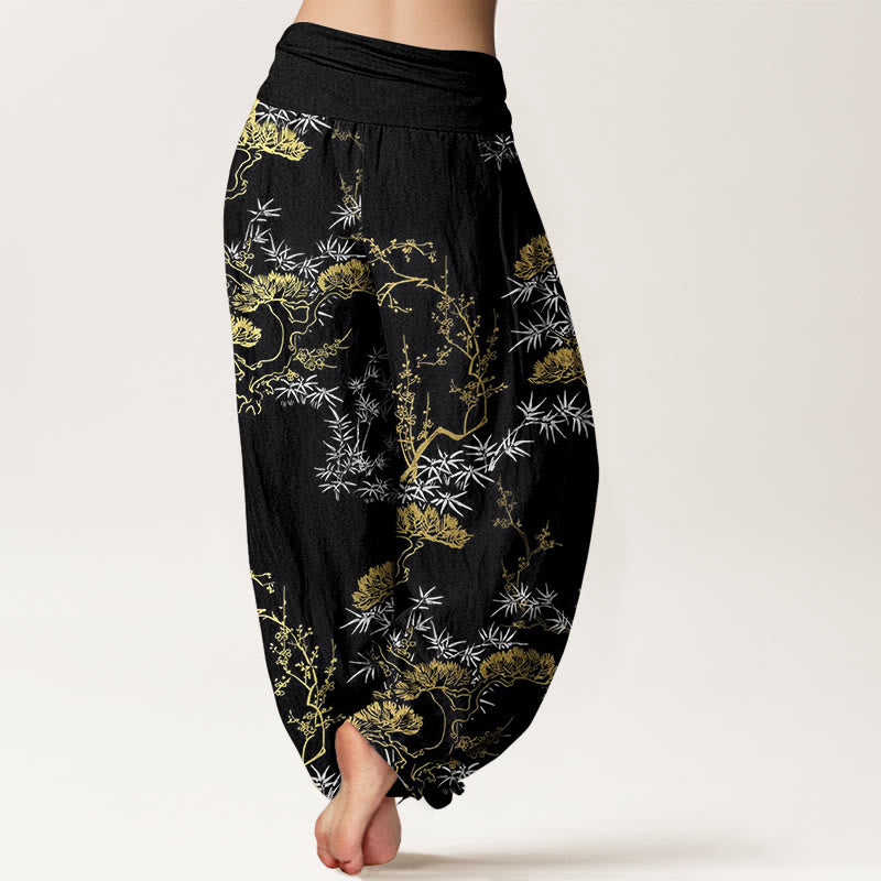 Pantalones bombachos de cintura elástica para mujer con estampado de pino, bambú y ciruelas, de algodón puro con Buddha Stones. - image 1