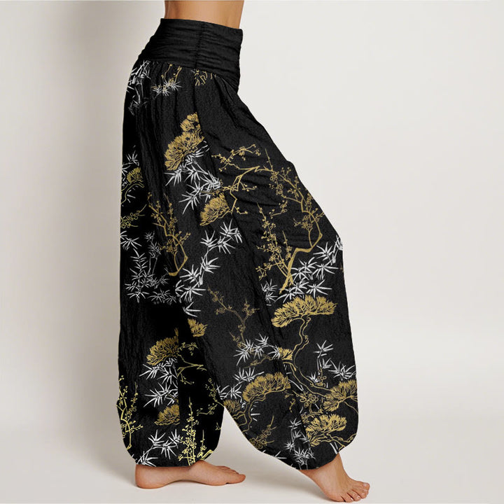 Pantalones bombachos de cintura elástica para mujer con estampado de pino, bambú y ciruelas, de algodón puro con Buddha Stones. - image 2