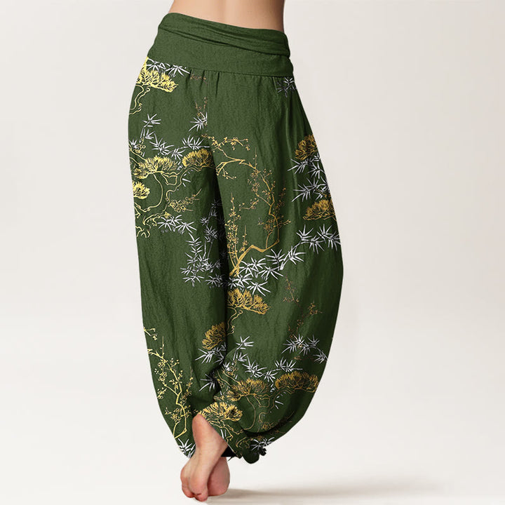 Pantalones bombachos de cintura elástica para mujer con estampado de pino, bambú y ciruelas, de algodón puro con Buddha Stones. - image 6